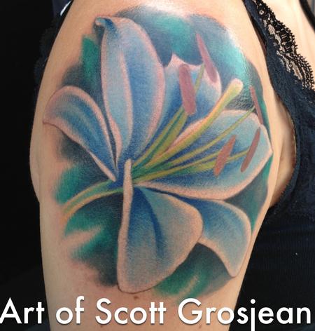 Scott Grosjean - Colored lily tattoo, Scott Grosjean Art Junkies Tattoo